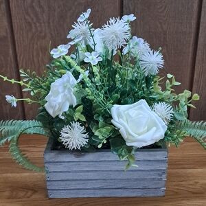 Charming Faux Floral Arrangement in Gray Wooden Box